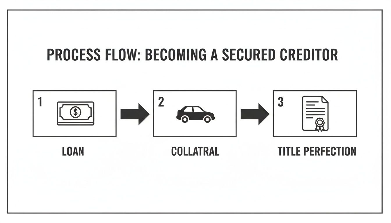 Diagram illustrating the three-step process for becoming a secured creditor: loan, collateral, and title perfection.