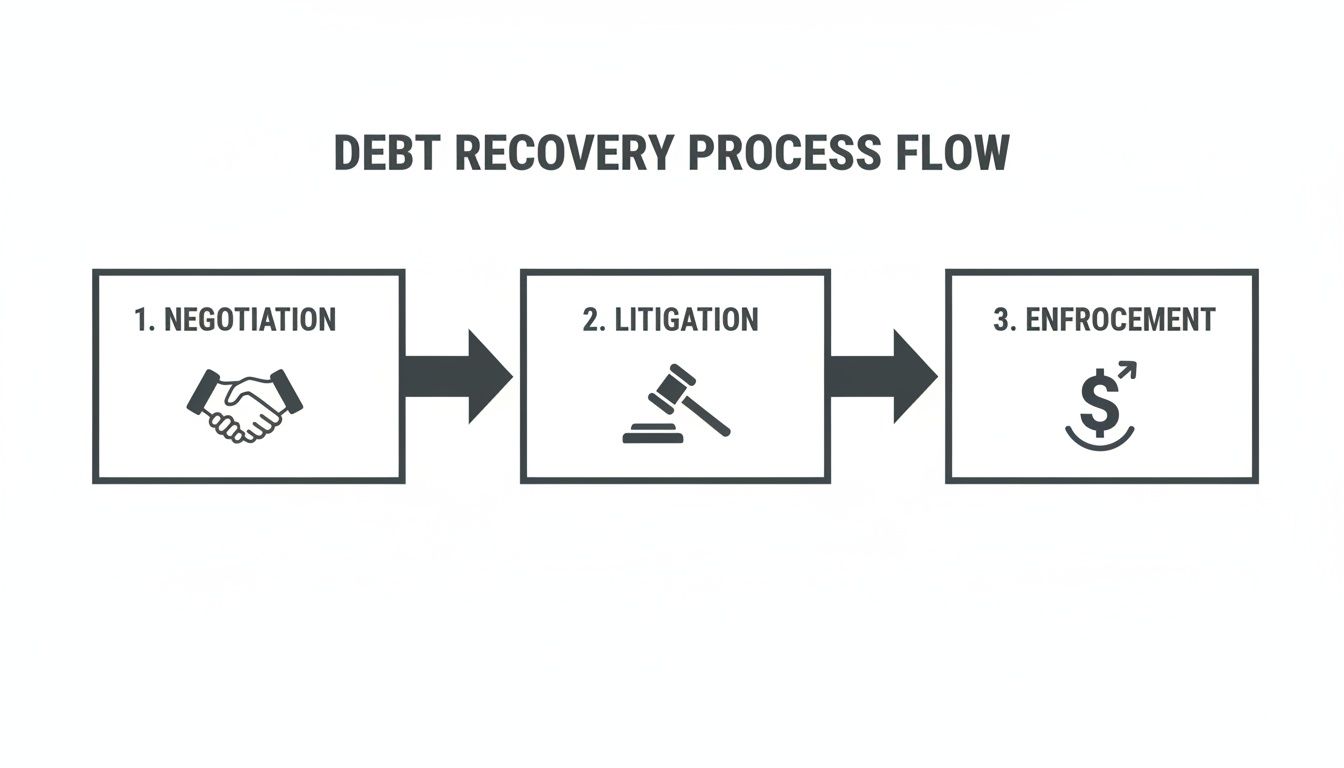 A flow chart illustrating the debt recovery process, including negotiation, litigation, and enforcement steps.