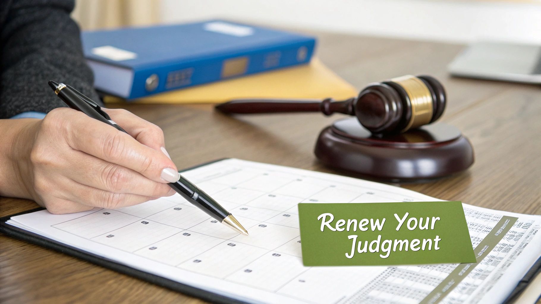 A person writes on a calendar with a pen, alongside a gavel and a 'Renew Your Judgment' note.