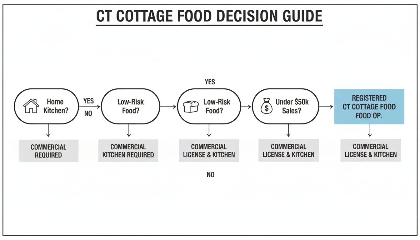Flowchart illustrating the CT Cottage Food Decision Guide, detailing steps from home kitchen to registered operation or commercial requirements.