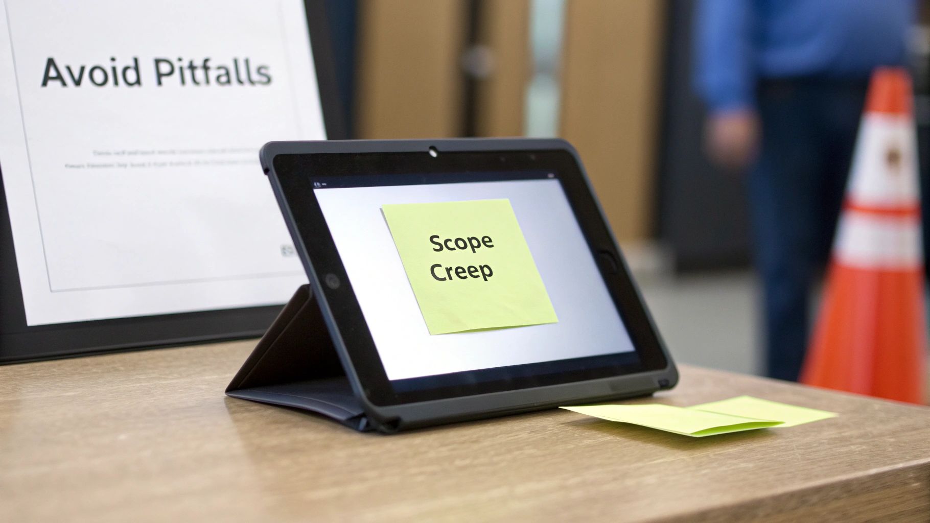 A tablet displays 'Scope Creep' on a yellow sticky note, near an 'Avoid Pitfalls' sign.