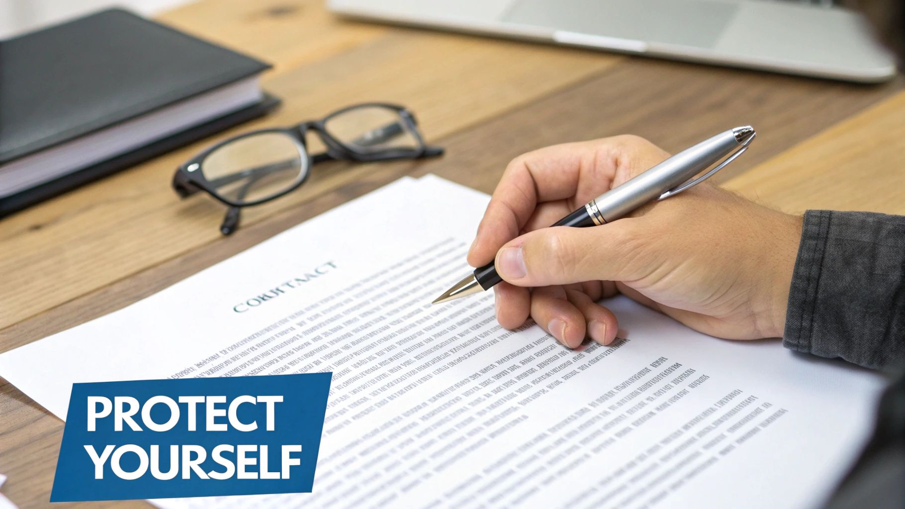 A person's hand with a pen signing a contract document on a wooden desk next to glasses and a notebook, with a 'PROTECT YOURSELF' overlay.