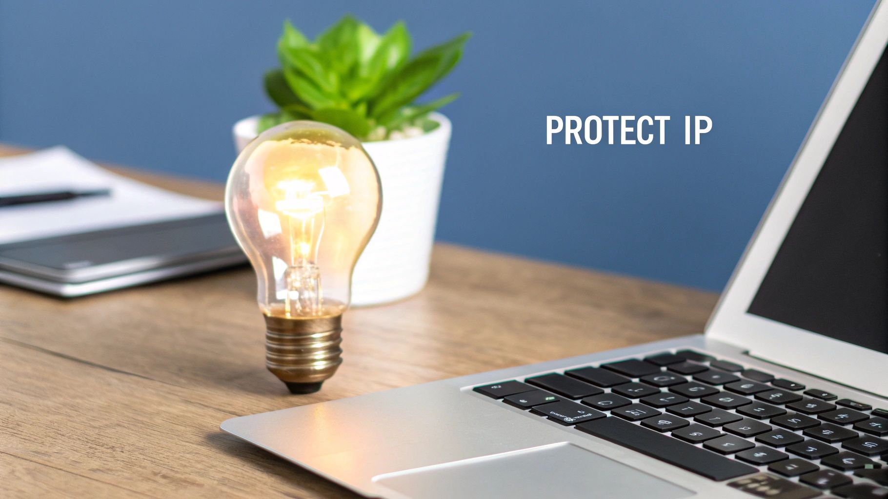 A lightbulb icon inside a protective shield, symbolizing intellectual property protection.