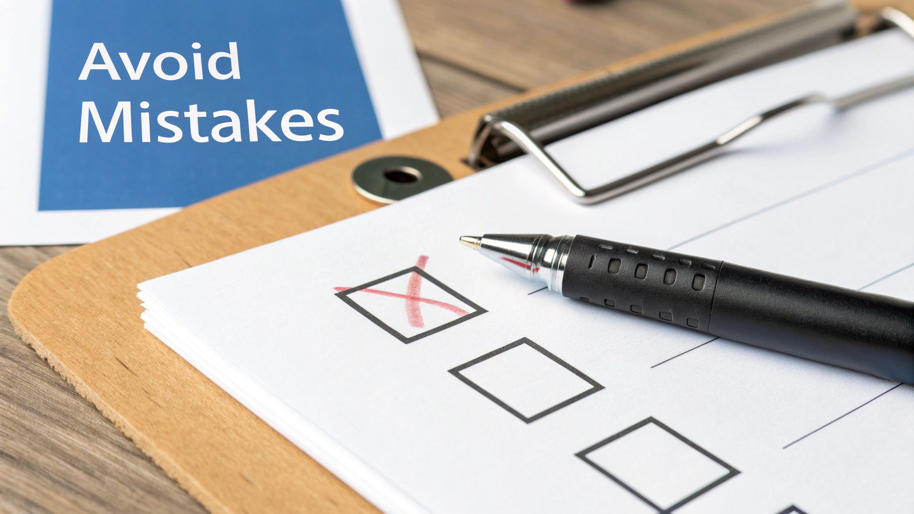 Clipboard with checklist and red X mark next to avoid mistakes text and pen