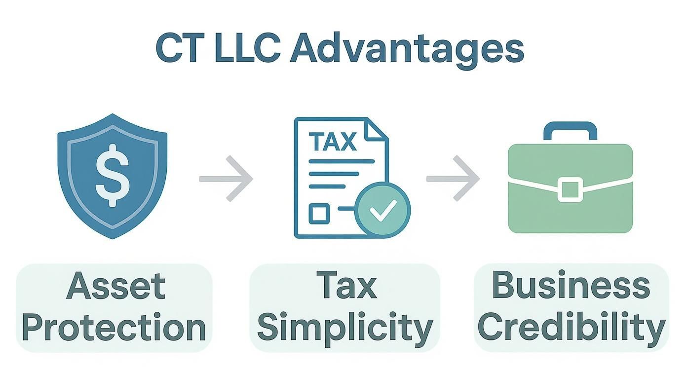 Infographic outlining CT LLC advantages: asset protection, tax simplicity, and business credibility.