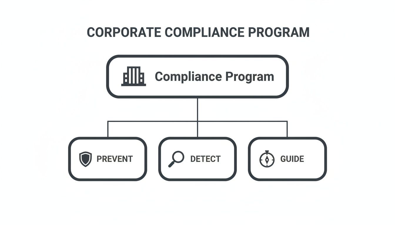 Flowchart illustrating a corporate compliance program, showing prevention, detection, and guidance as its core functions.
