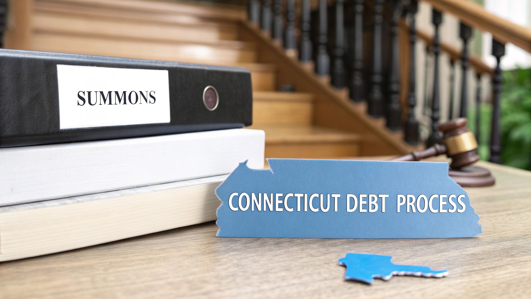 Legal documents with a 'SUMMONS' binder, 'CONNECTICUT DEBT PROCESS' map, and a judge's gavel.