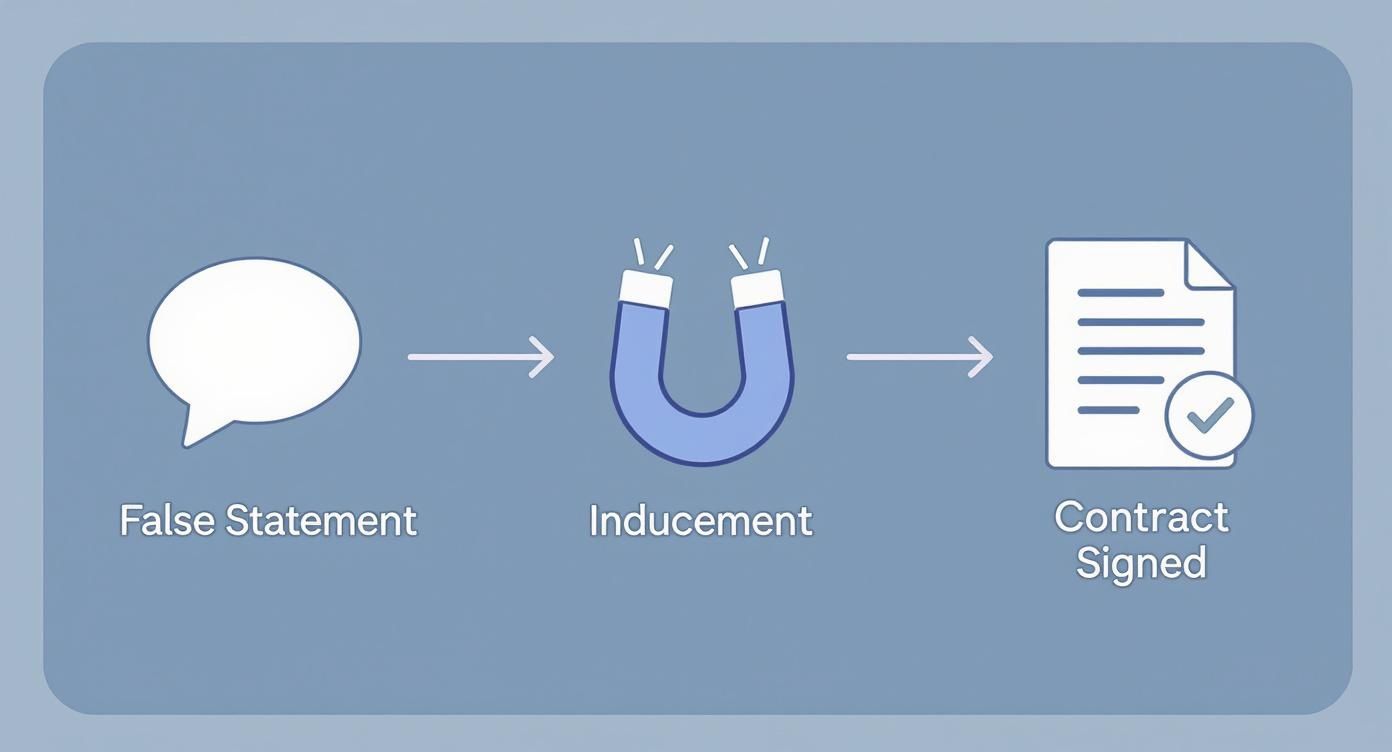 Flowchart depicting a false statement leading to inducement and ultimately a signed contract.