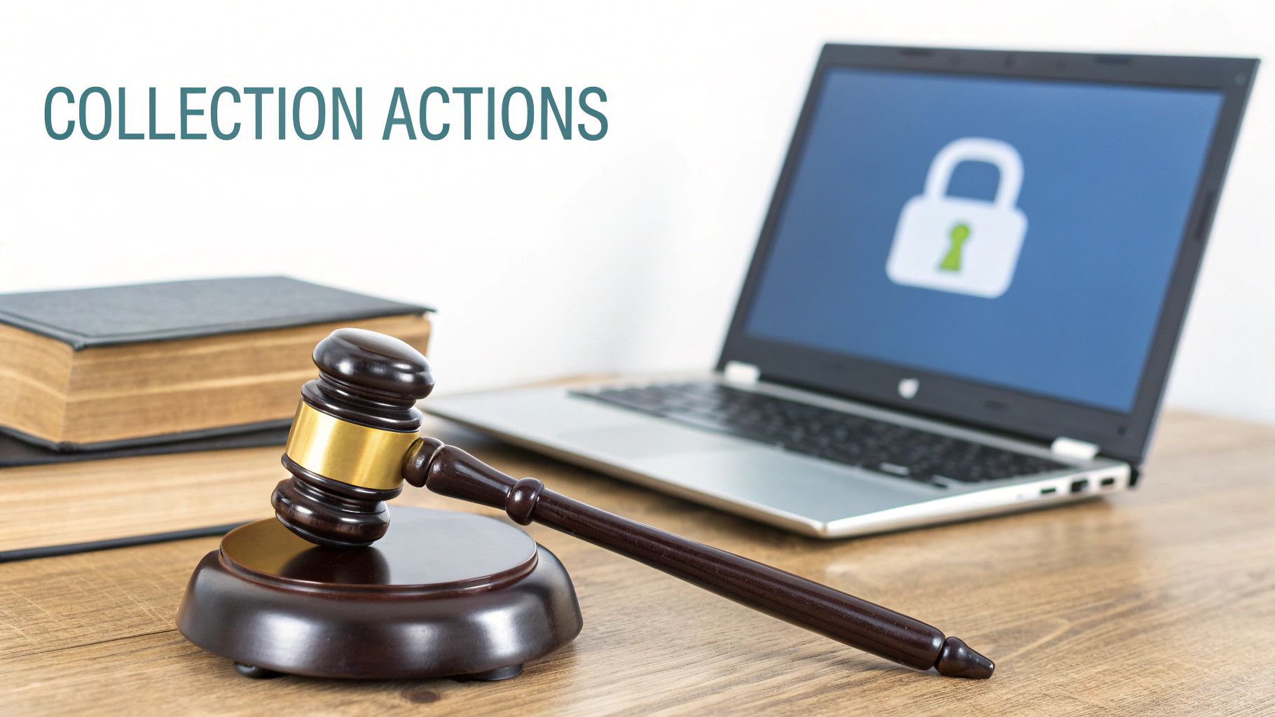 A gavel, law books, and a laptop with a padlock icon, emphasizing 'COLLECTION ACTIONS' for legal proceedings.