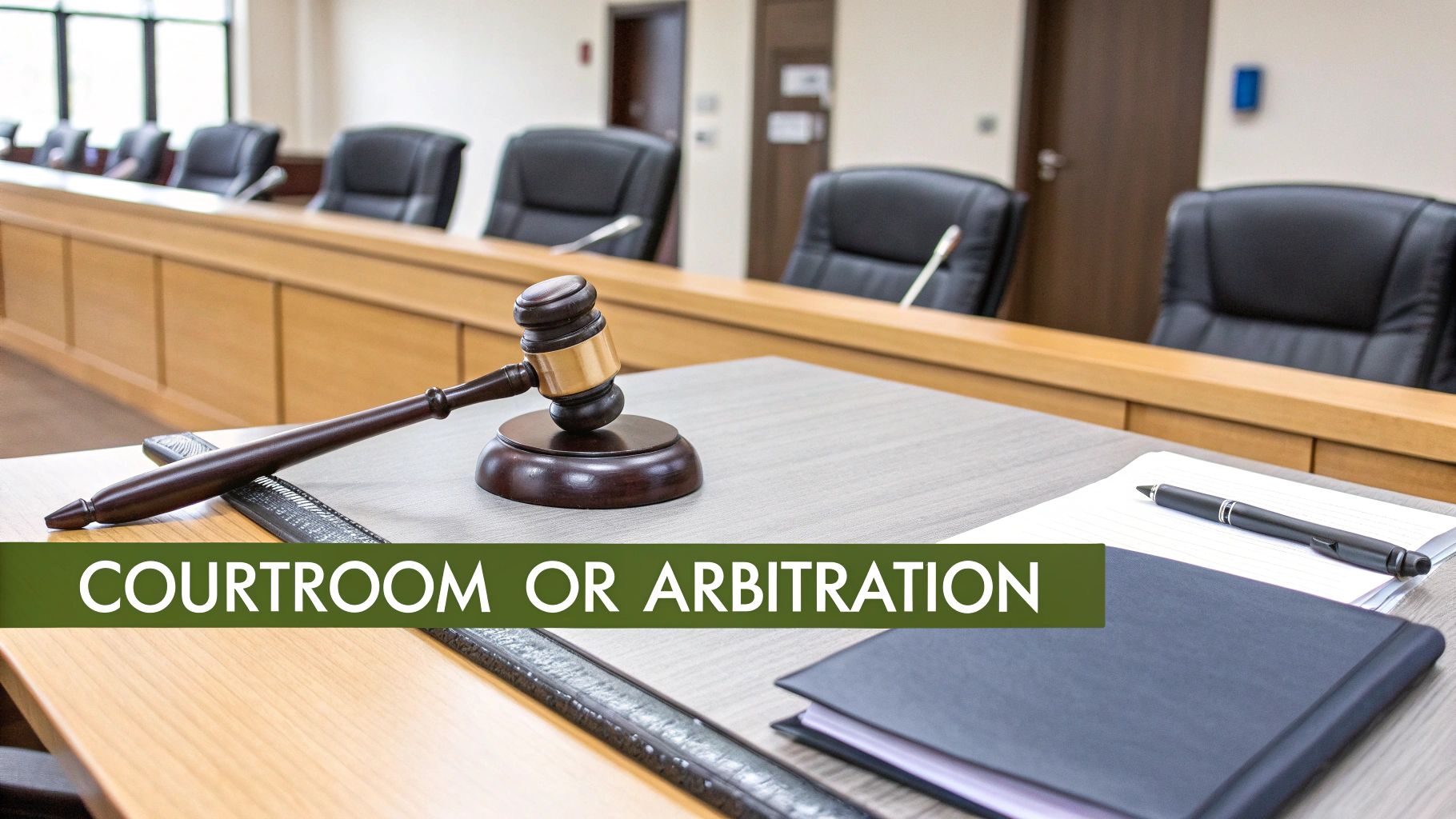 A judge's gavel and notepad on a table in a formal courtroom or arbitration setting.