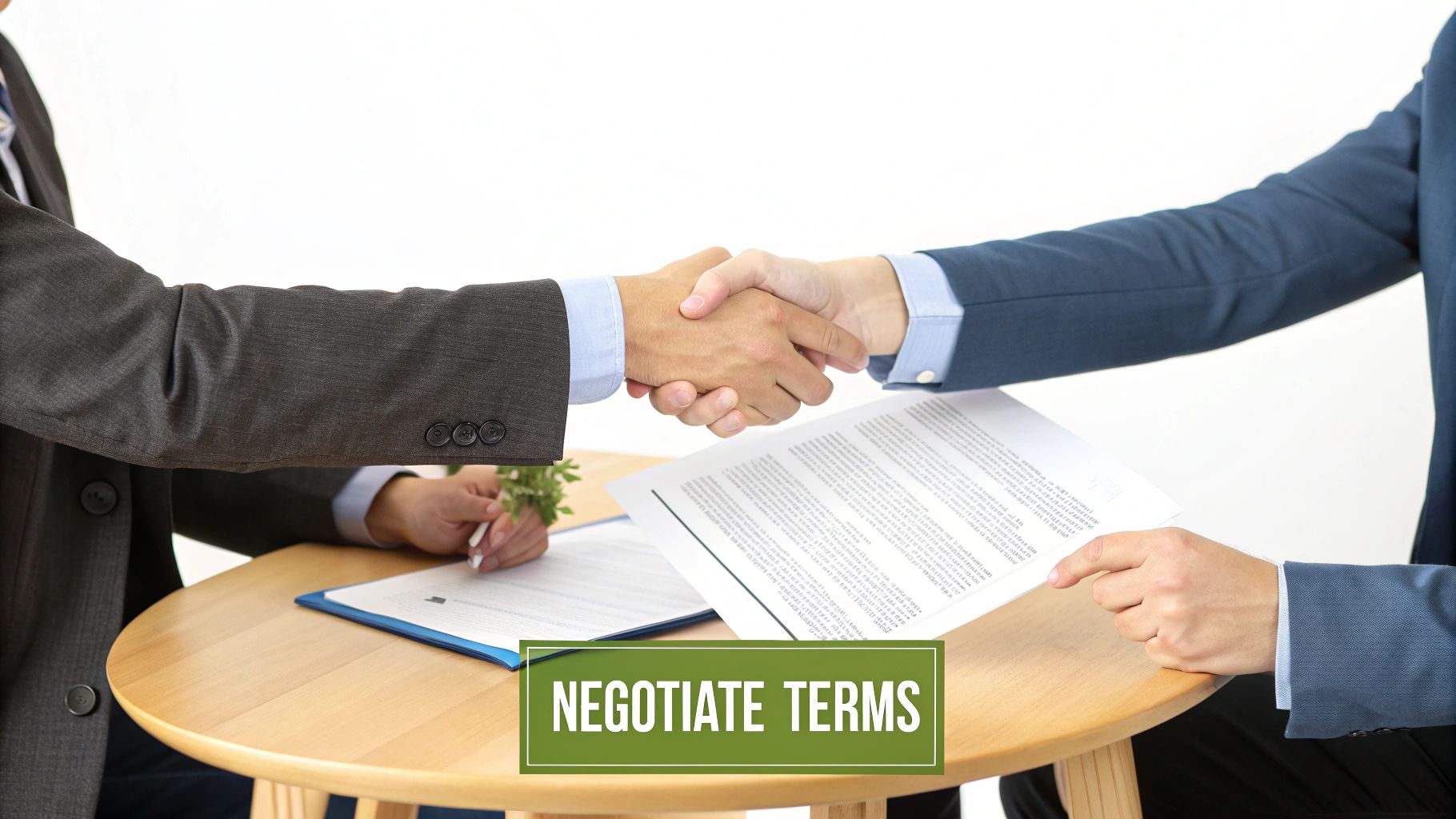 Two professionals at a table negotiating, with documents between them.