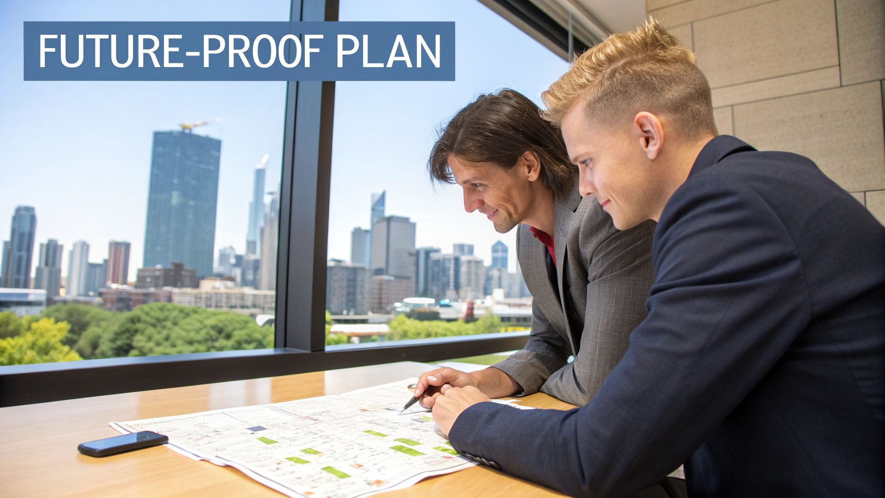 Two businessmen collaborate on a future-proof plan, discussing a map or blueprint in an office overlooking a city.