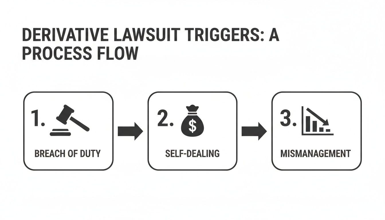 A process flow diagram illustrating three derivative lawsuit triggers: breach of duty, self-dealing, and mismanagement.