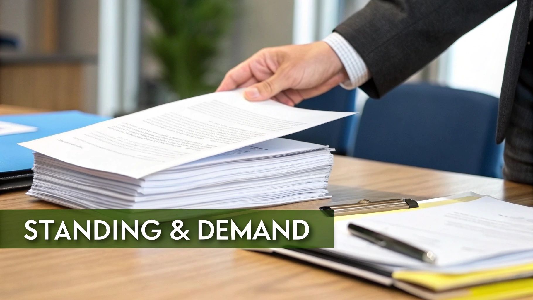 A person in a suit placing a document on a large stack of papers during a business meeting.