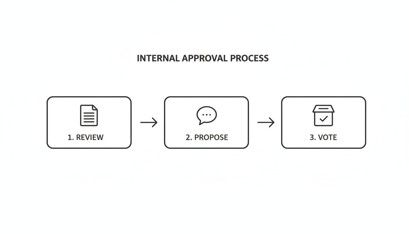 A simple internal approval process flowchart showing three steps: review, propose, and vote.