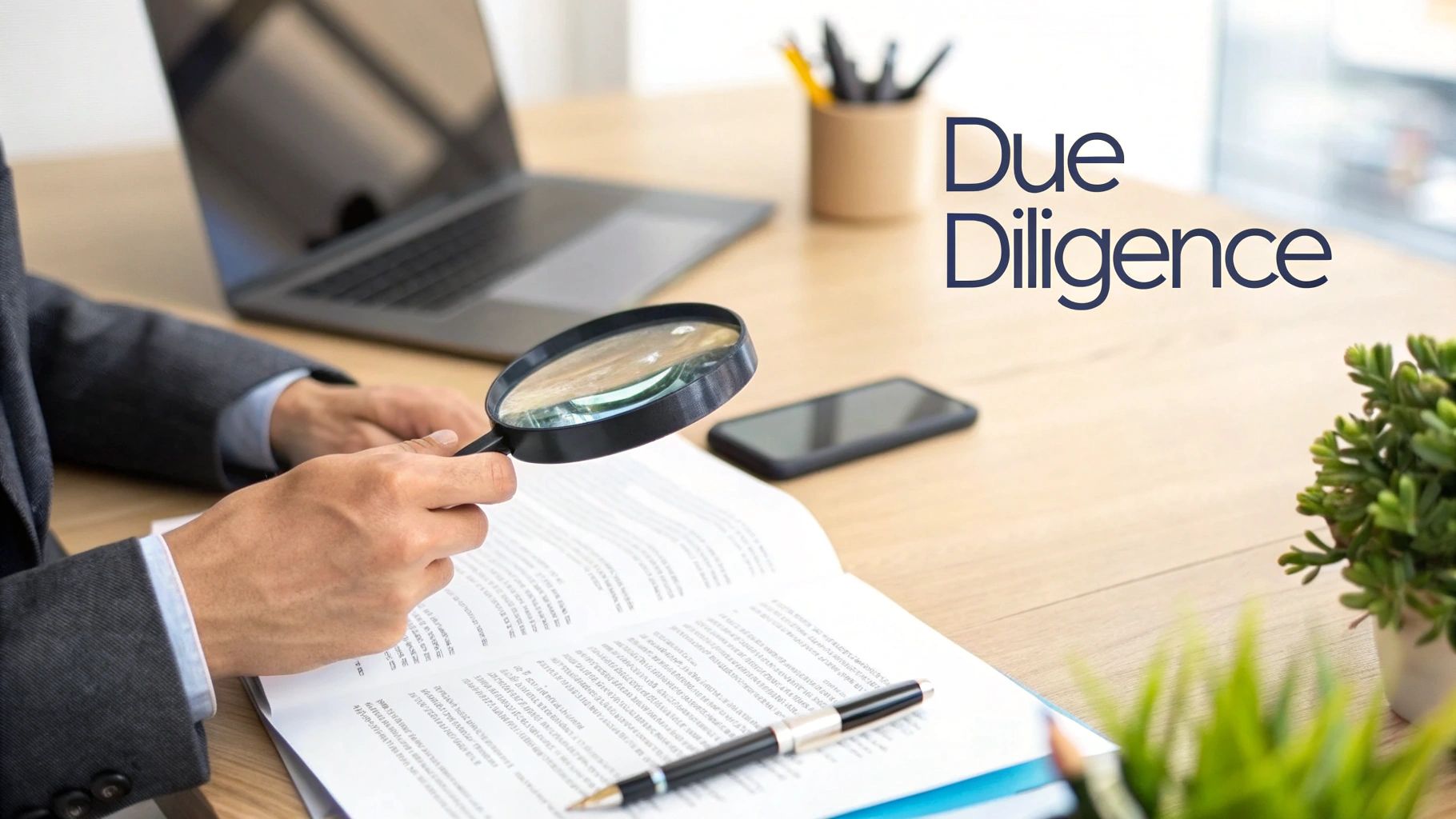 A person in a suit uses a magnifying glass to review a document on a desk, with "Due Diligence" text.
