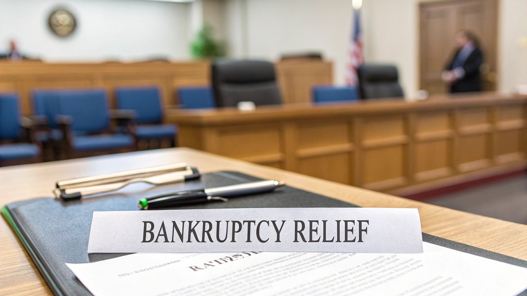 A "BANKRUPTCY RELIEF" sign rests on a table in a courtroom, symbolizing financial legal proceedings.