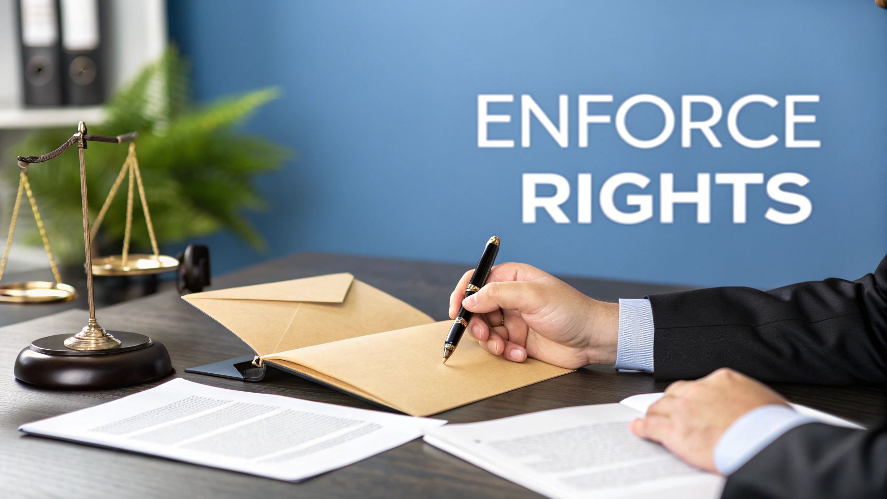 A lawyer signs documents on a desk with scales of justice and a wall text 'ENFORCE RIGHTS'.