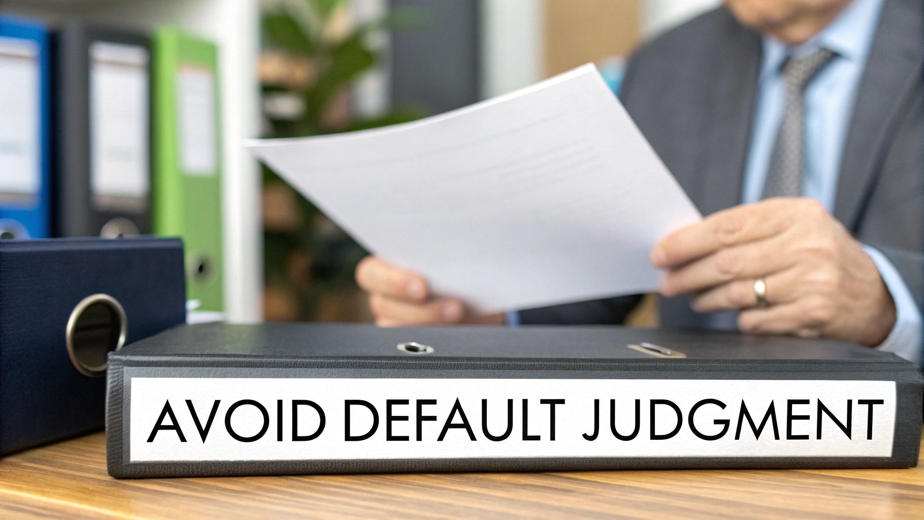 A person reviews legal documents, with a binder labeled 'AVOID DEFAULT JUDGMENT' on a desk.