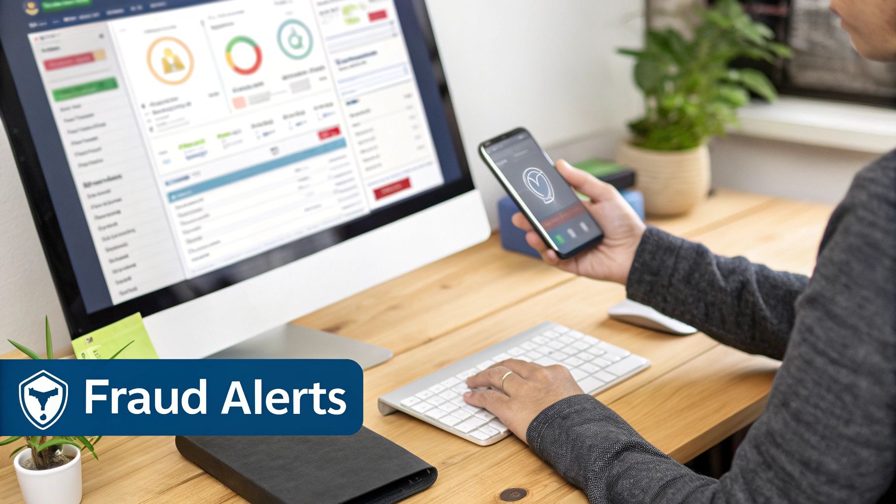 A person monitors a fraud alert dashboard on a computer and smartphone, preventing business fraud.