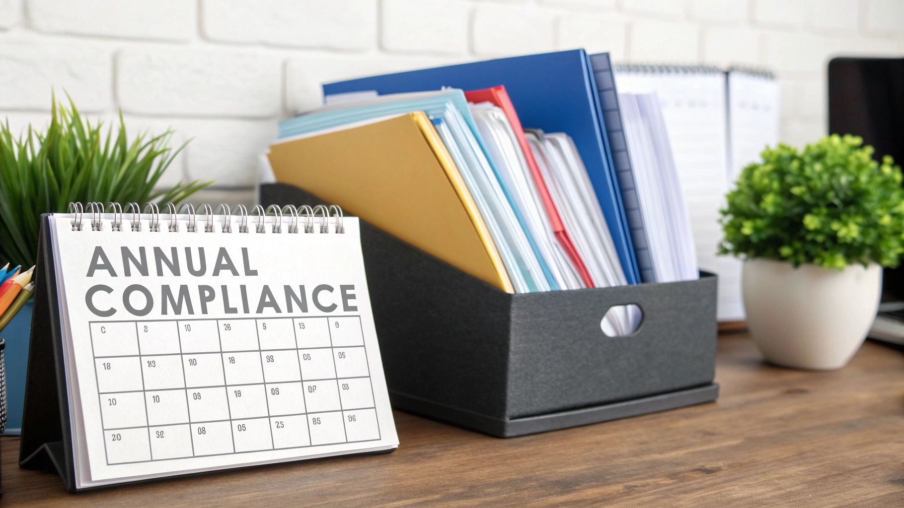 A desk calendar showing 'ANNUAL COMPLIANCE' next to a file organizer with documents.