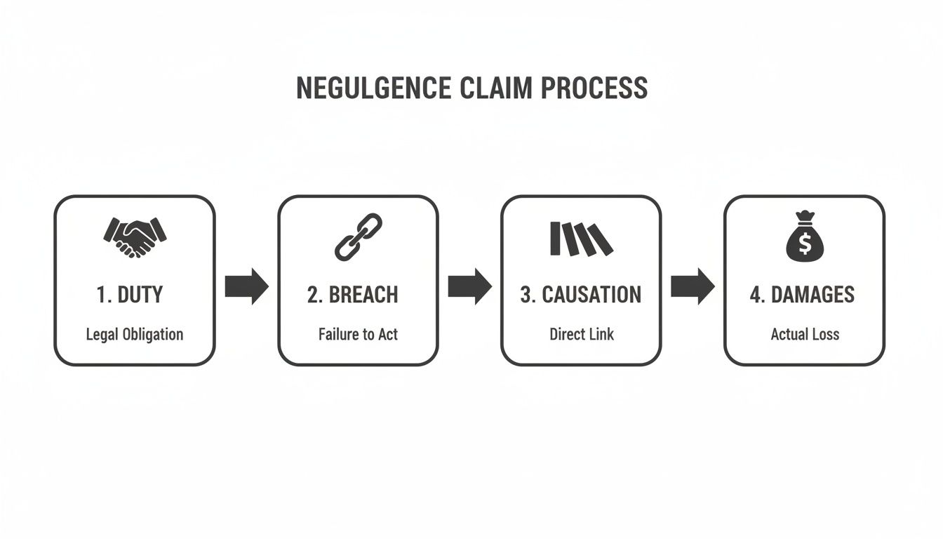 Flowchart illustrating the four key steps of a negligence claim: duty, breach, causation, and damages.