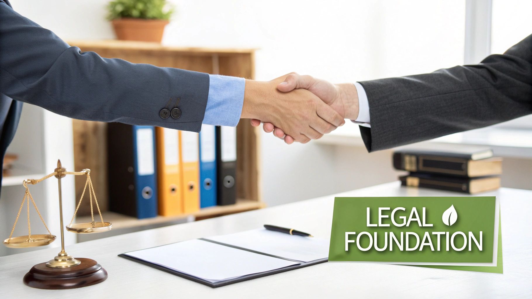 Two businessmen shake hands across a desk with a scale of justice and a 'Legal Foundation' sign.