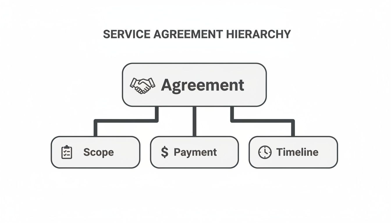 Diagram of a service agreement hierarchy, detailing agreement, scope, payment, and timeline components.
