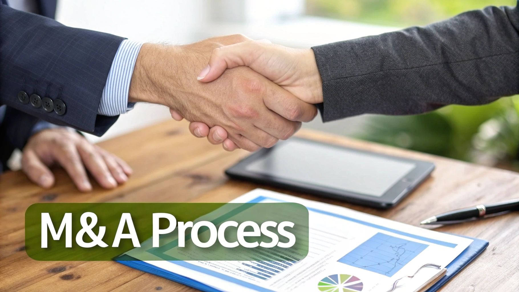 Two business partners shaking hands, symbolizing an M&A process, with financial documents on the table.