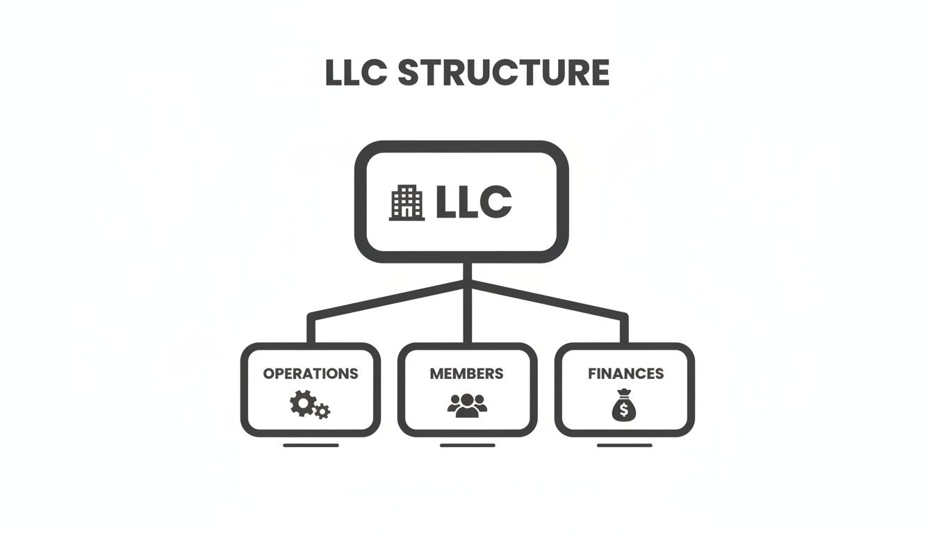 A diagram outlining the structure of an LLC with branches for operations, members, and finances.