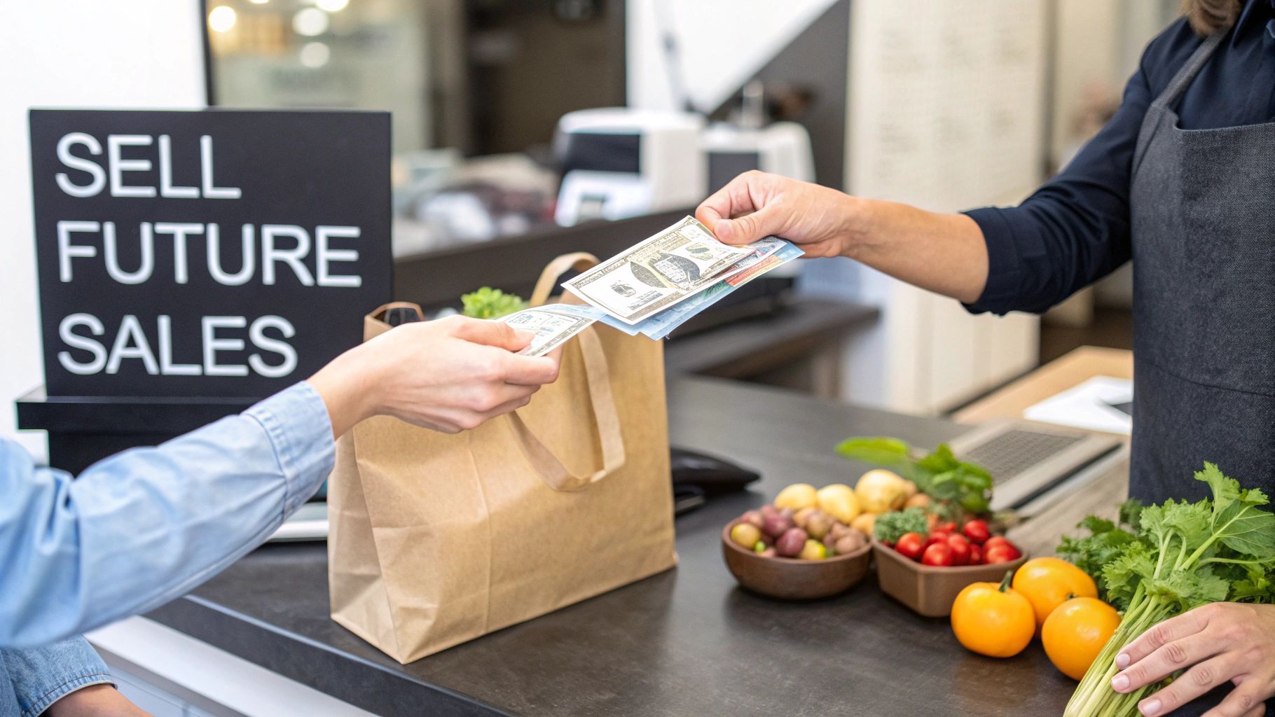 Two people exchanging cash at a counter with fresh produce and a "SELL FUTURE SALES" sign.