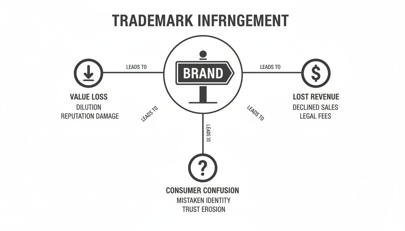 Diagram illustrating trademark infringement's negative effects on a brand, causing value loss, lost revenue, and consumer confusion.