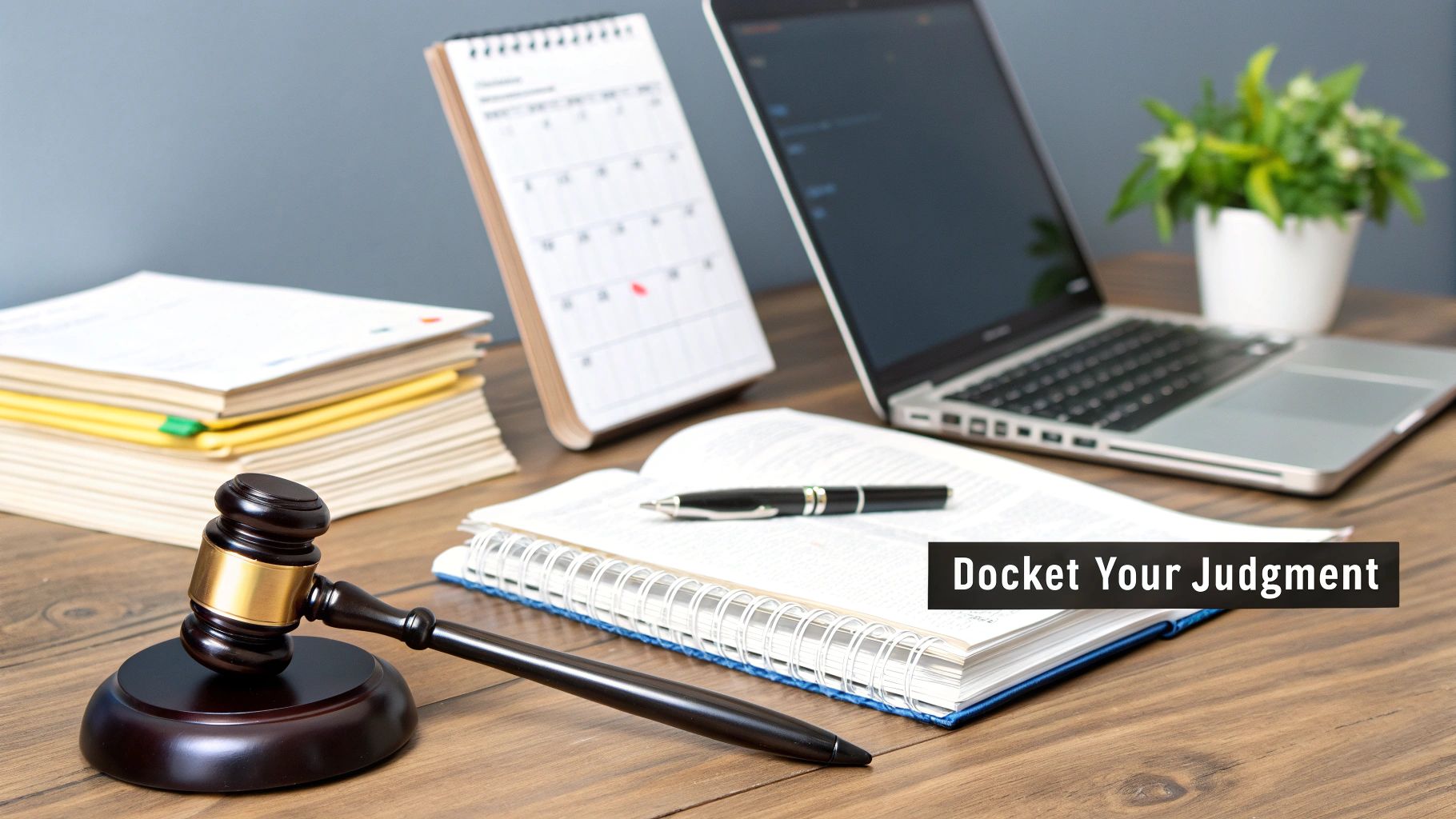 A gavel, legal documents, calendar, laptop, and pen on a wooden desk, with text "Docket Your Judgment".