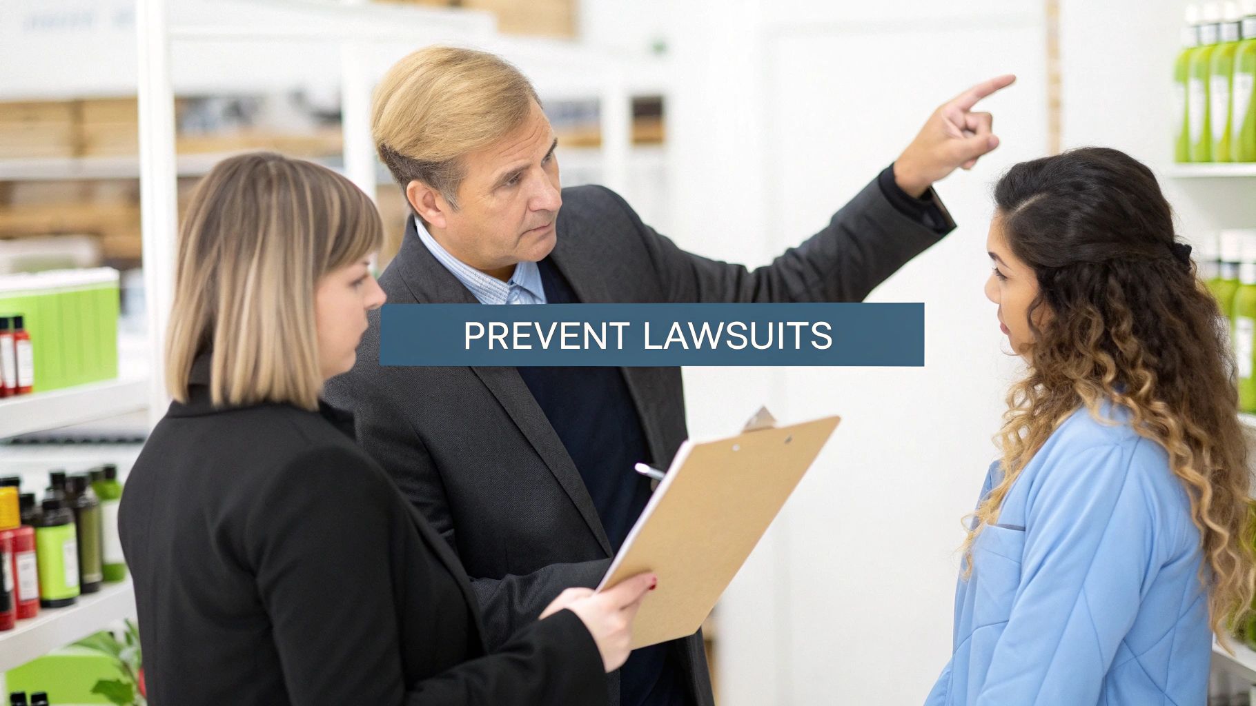 Three people discussing in a professional setting with the text 'PREVENT LAWSUITS' highlighted.