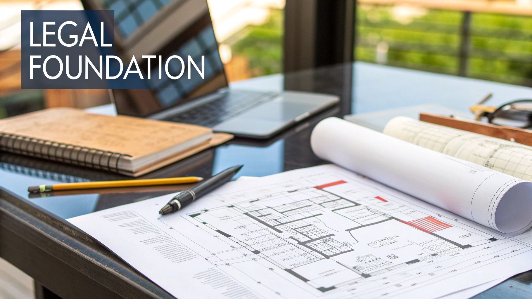 Blueprint of a building's foundation being reviewed