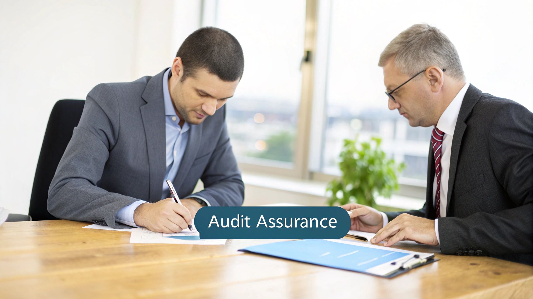 Two businessmen reviewing documents and signing papers at a desk, symbolizing audit and assurance.