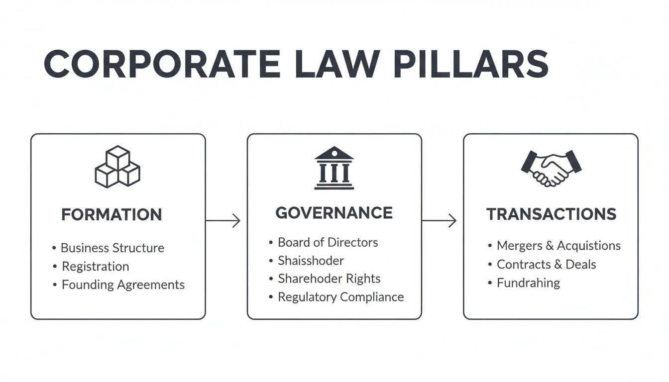 Infographic illustrating the three core pillars of corporate law: Formation, Governance, and Transactions.