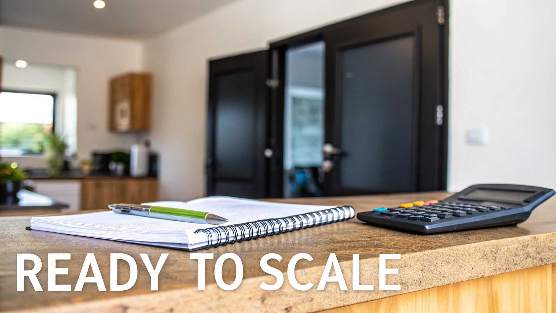 A notepad, pen, and calculator on a wooden desk, symbolizing financial planning or business growth.