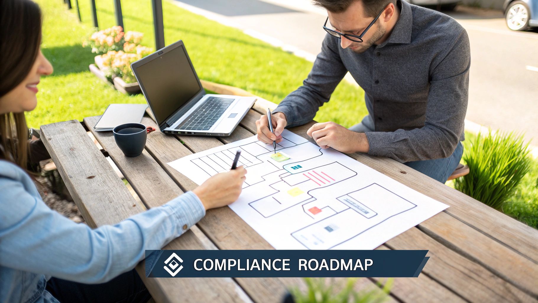 Two professionals collaborate on a compliance roadmap project at an outdoor wooden table.