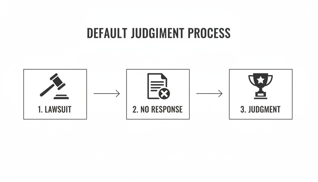 A flowchart illustrating the default judgment process, from lawsuit, to no response, and final judgment.