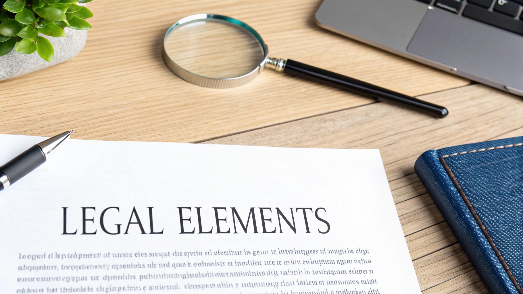 A legal document titled 'LEGAL ELEMENTS' on a wooden desk with a magnifying glass, pen, laptop, plant, and notebook.