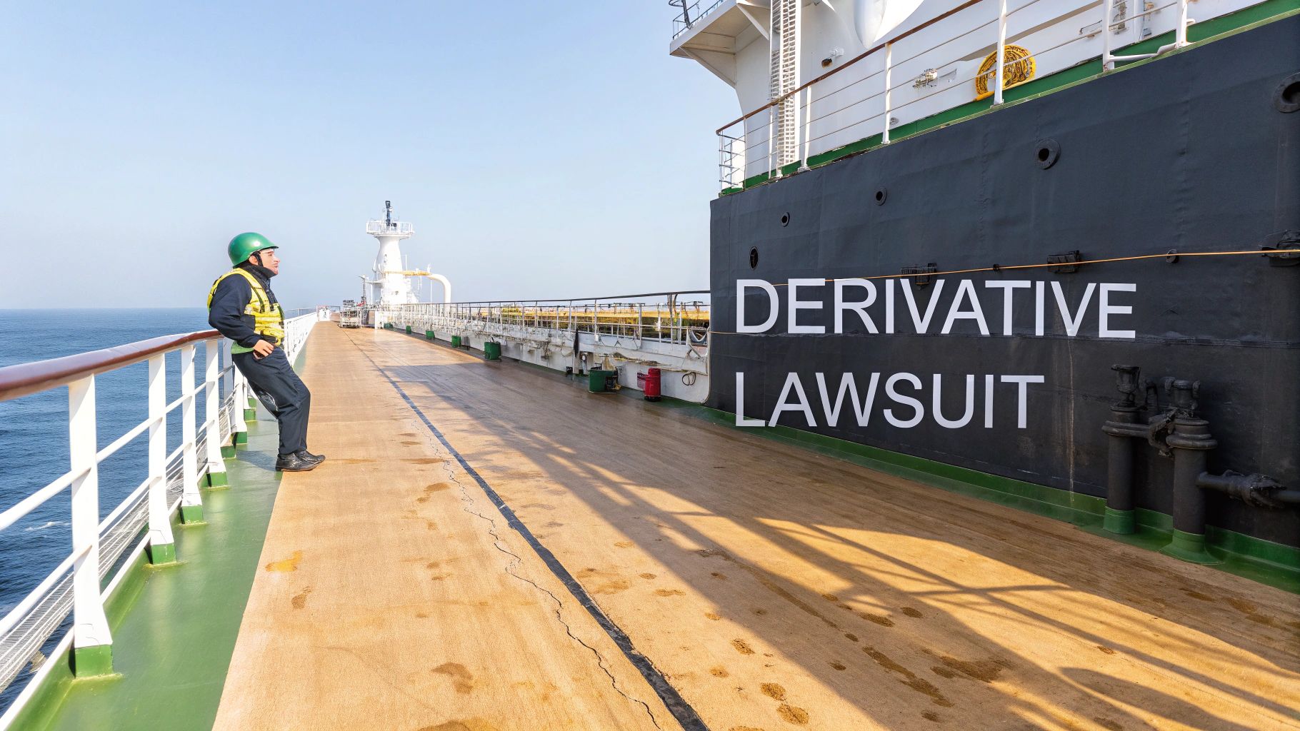 A seaman in a hard hat and life vest stands on a ship with 'DERIVATIVE LAWSUIT' on its hull.