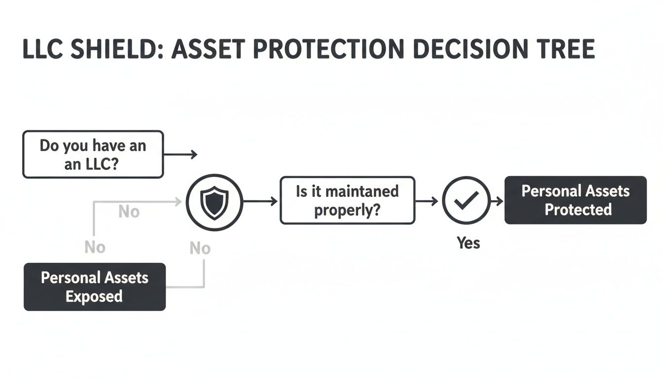 Decision tree illustrating how an LLC can shield personal assets, depending on its formation and proper maintenance.