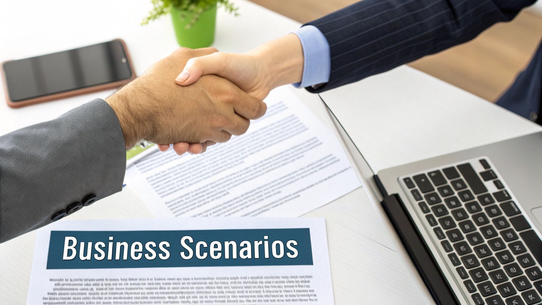 Two business professionals shaking hands over a table with documents and a laptop, symbolizing a deal.