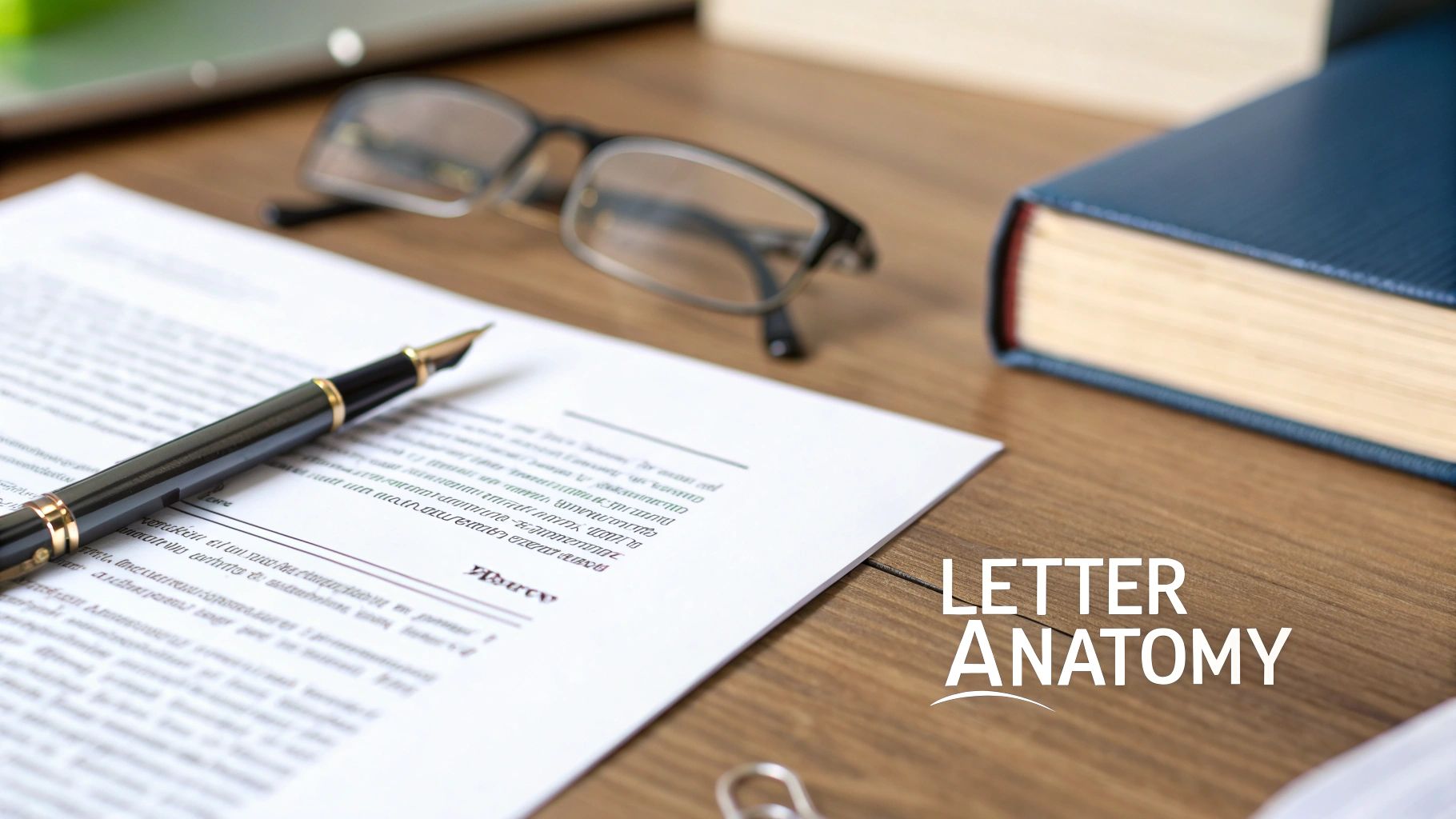 A fountain pen rests on a document on a wooden desk with glasses and a book in the background.
