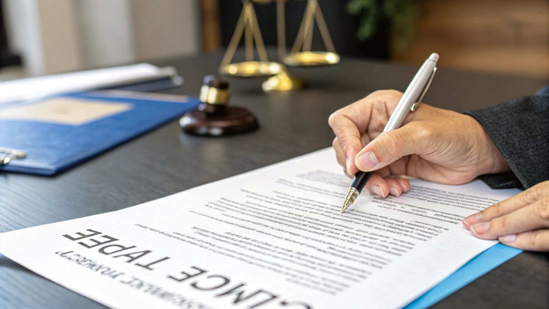 A person's hand signs a legal document with a pen, with scales of justice and a gavel in the background.