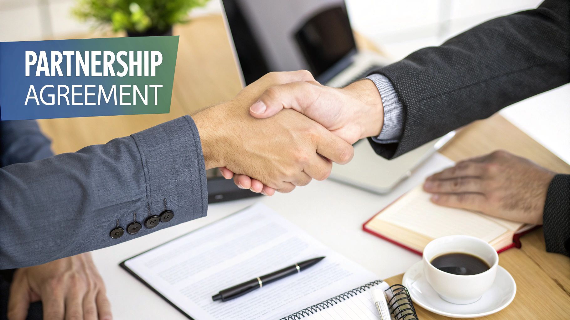 Two business people shake hands over a partnership agreement document on a desk, symbolizing a new deal.