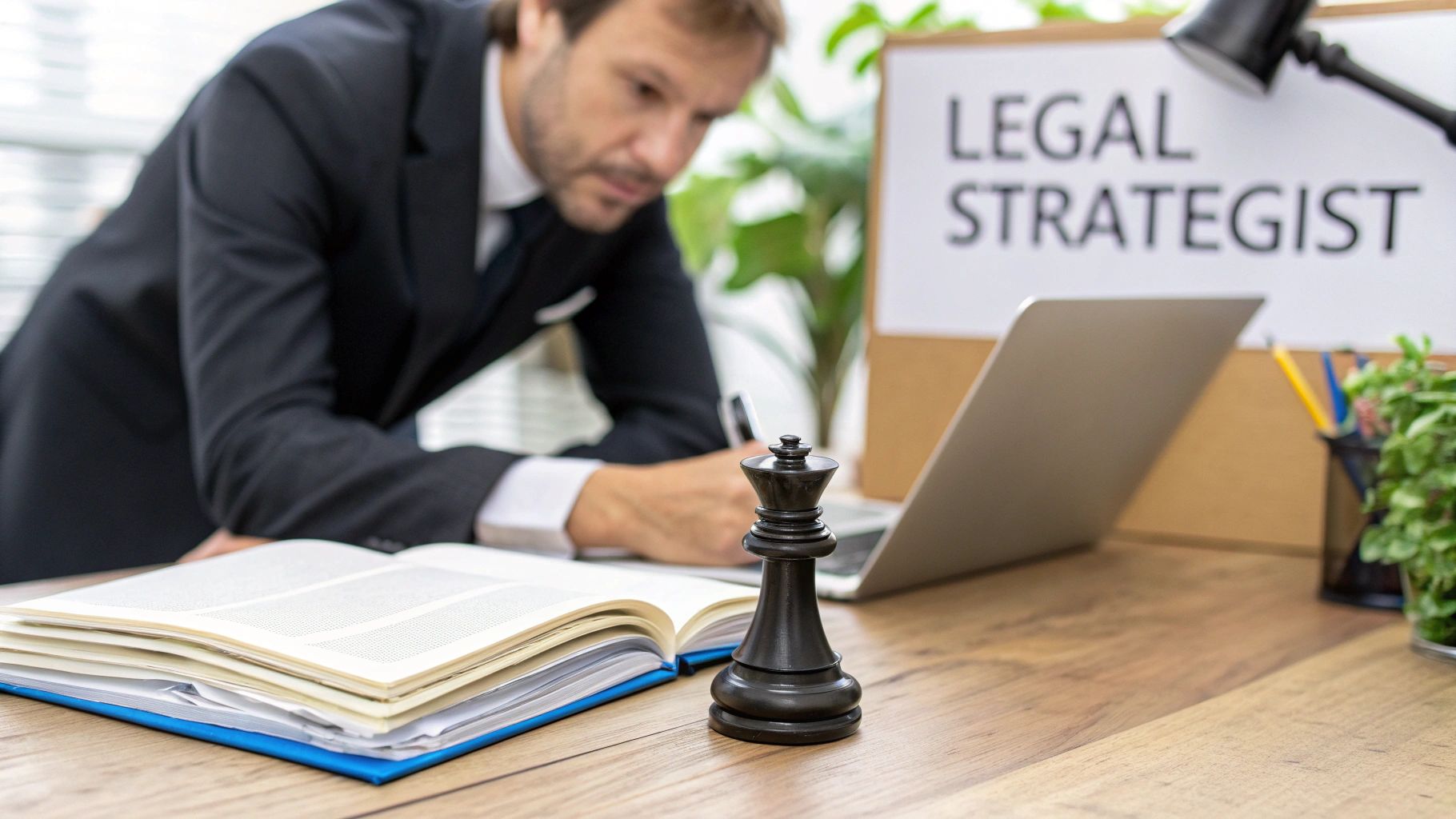 A legal strategist in a suit works at a desk with an open book, laptop, and chess piece.