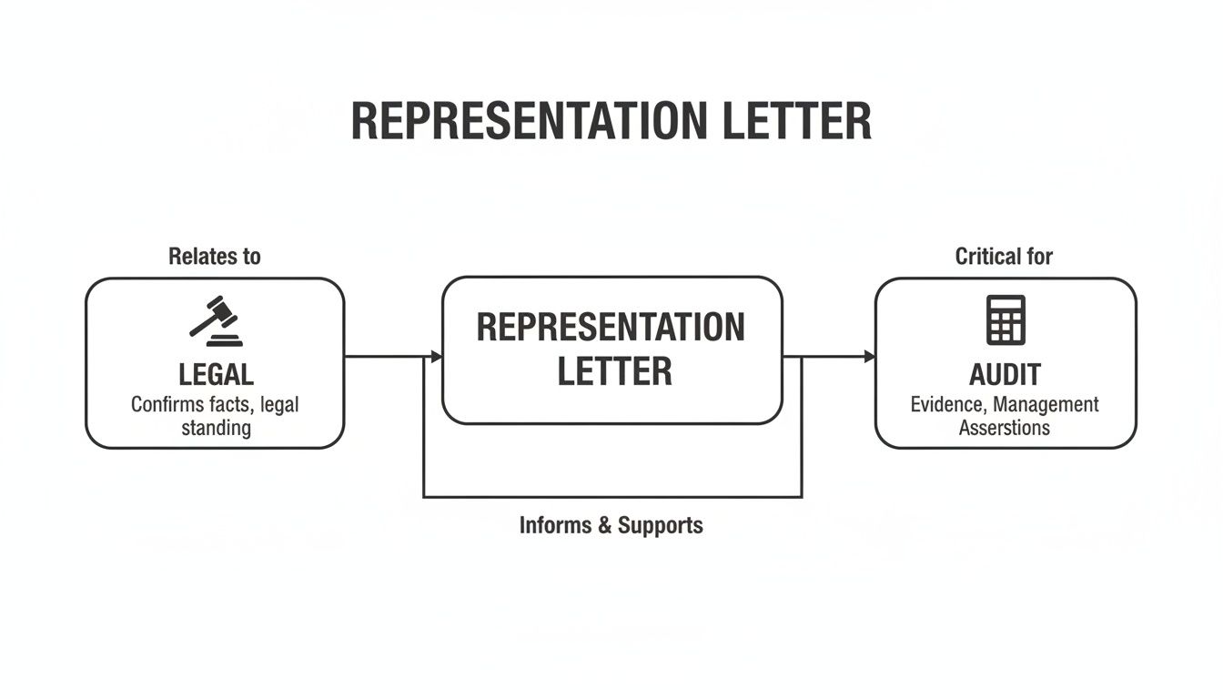 Flowchart illustrating a representation letter's role, relating to legal confirmations and critical for audit evidence.