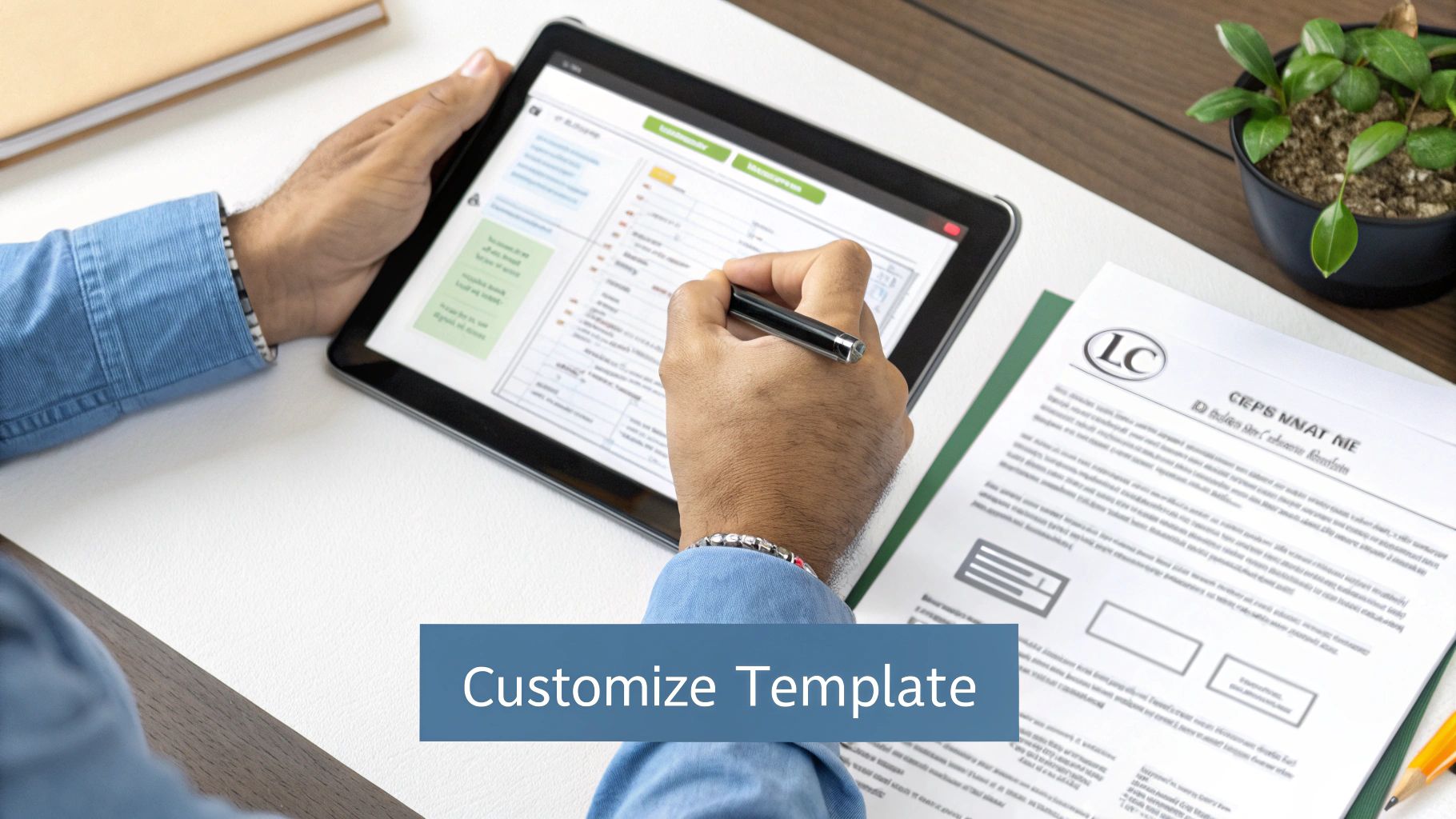 Person using stylus on tablet to customize business document template at organized workspace